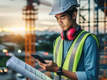 lavoratore edile con telefono in mano