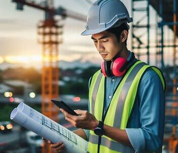 lavoratore edile con telefono in mano