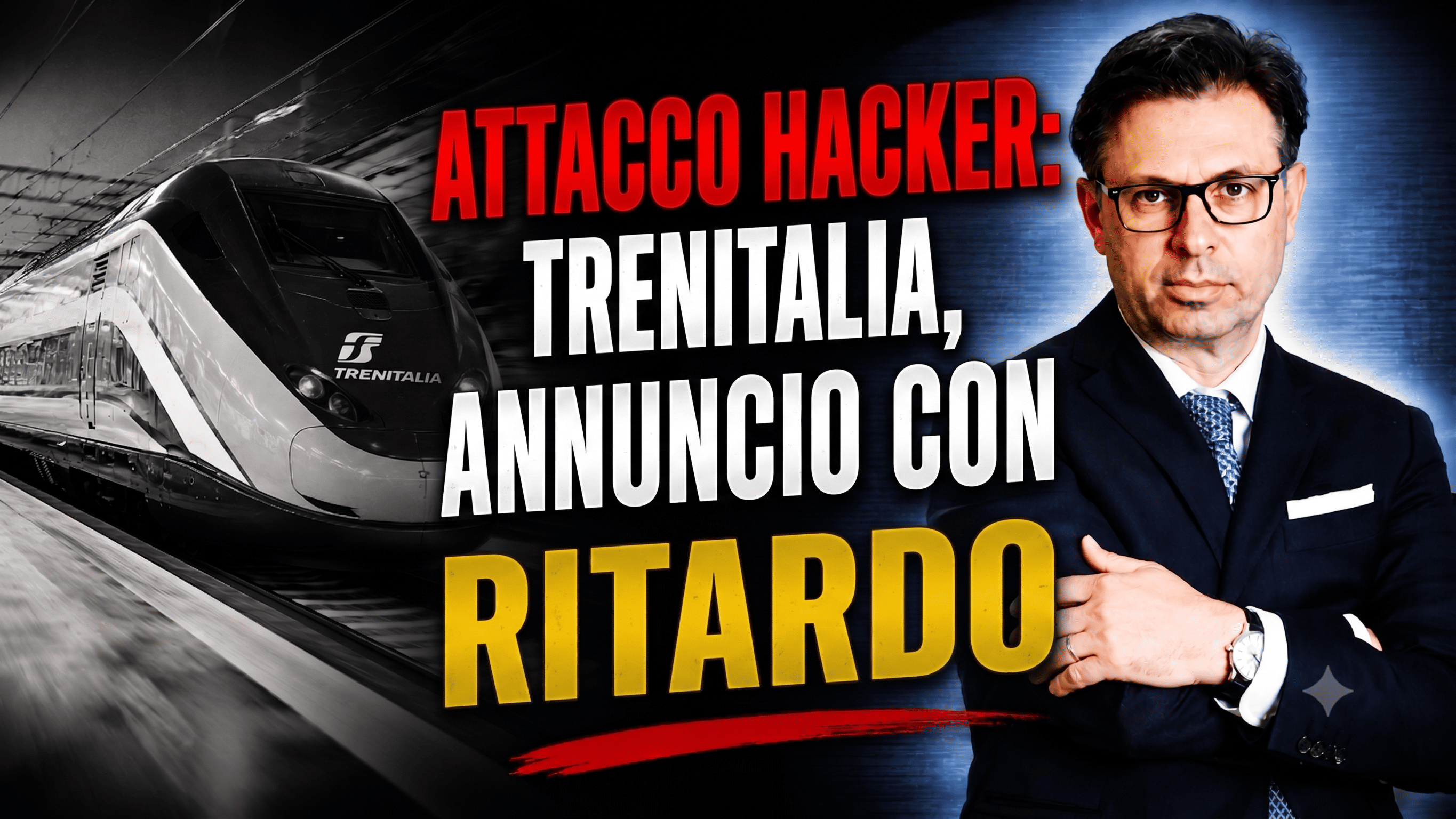 Miniatura video professionale che ritrae l'Avvocato Alessandro Rinaldi in abito scuro, un treno ad alta velocità Frecciarossa con il logo Trenitalia