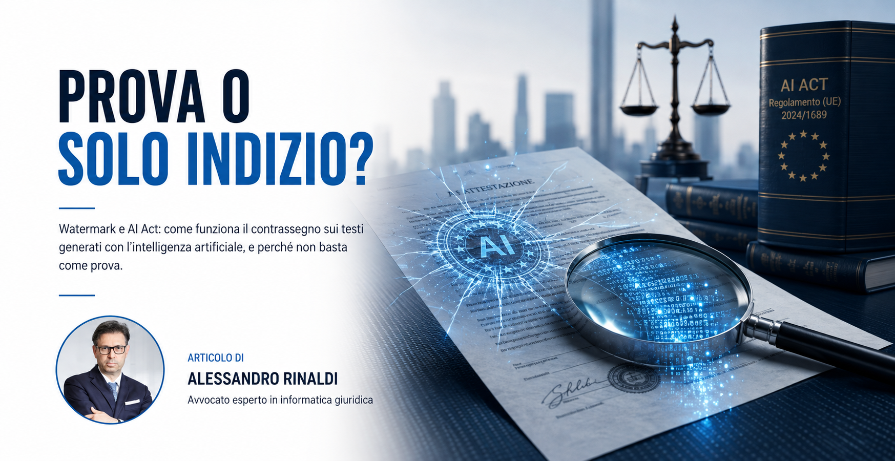 documento legale, lente d'ingrandimento e bilancia della giustizia, con l'avv. Alessandro Rinaldi