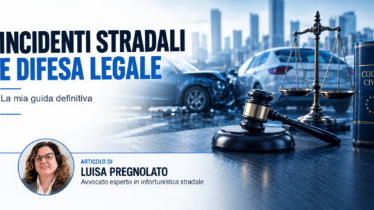 Incidente stradale tra due auto con martelletto del giudice, bilancia della giustizia e codice civile sullo sfondo, copertina guida legale