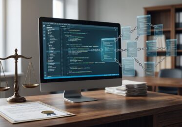 Monitor con codice sorgente da cui partono copie del programma collegate da catene, accanto a una bilancia della giustizia e a un documento di licenza con sigillo