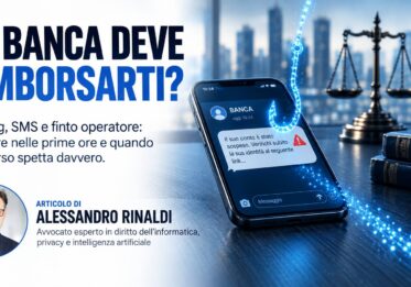 Smartphone su una scrivania con un SMS in arrivo da "BANCA" da cui esce un amo luminoso, accanto alla bilancia della giustizia e a un volume sul D.Lgs. 11/2010