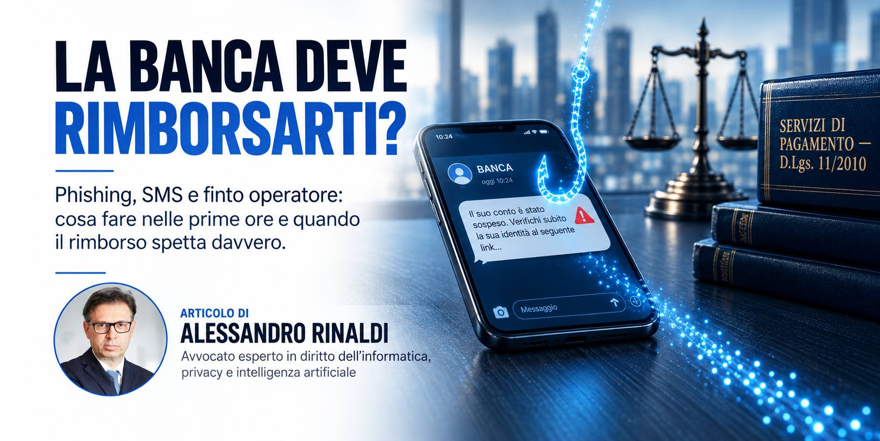 Smartphone su una scrivania con un SMS in arrivo da "BANCA" da cui esce un amo luminoso, accanto alla bilancia della giustizia e a un volume sul D.Lgs. 11/2010